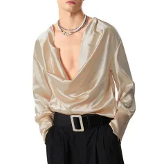 INCERUN Mens Shirts Solid Color Long Sleeve Top Shirts Summer Fashion Stacked Neck Top Shirts Party Male Clothing