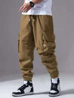 ChArmkpR Mens Solid Side Pocket Casual Drawstring Waist Cargo Pants