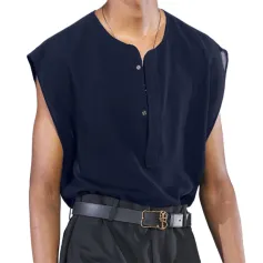 INCERUN Mens Shirt Simple Solid Color Shirts Top Sleeveless V-neck Button Men Tops Daily Casual Shirts