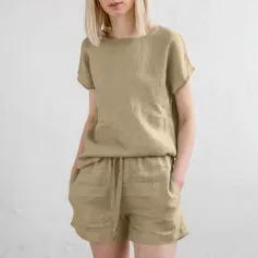 ZANZEA Plus Size Women Cotton Linen Two Set Solid Elastic Waist Pocket Short Sleeve Blouses and Short Casual Summer Two-Piece Set