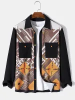 ChArmkpR Camisa casual de màniga llarga per a home Vintage estampat geomètric patchwork solapa butxaca solapa camisa sense samarreta