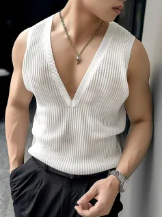 INCERUN Men Tank Tops V-neck Mesh Knitted Sleeveless Vests Streetwear Tanks Fashion Casual Men Top Clothing