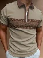 ChArmkpR Mens Ethnic Floral Print Patchwork Half Zip Short Sleeve Golf Shirts