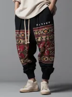 ChArmkpR Mens Japanese Vintage Geometric Pattern Patchwork Loose Drawstring Waist Pants