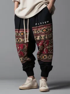 ChArmkpR Mens Japanese Vintage Geometric Pattern Patchwork Loose Drawstring Waist Pants