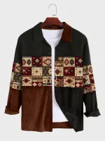 Mans Vintage Argyle Patroon Lapwerk Etniese Corduroy Langmouhemde