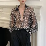 INCERUN Men Long Sleeve Mesh Shirts Turn Down Collar Casual Printing Shirt Man See Through Loose Blouse Fashion Party Blusas