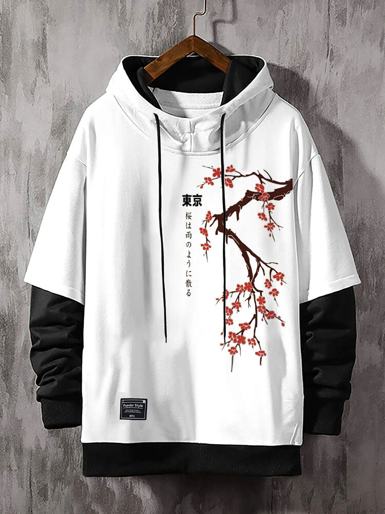 ChArmkpR Mens Hooded Japanese Cherry Blossoms Print Contrast Patchwork Drawstring Hoodies