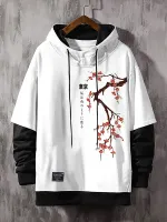ChArmkpR Mens Hooded Japanese Cherry Blossoms Print Contrast Patchwork Drawstring Hoodies