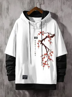ChArmkpR Mens Hooded Japanese Cherry Blossoms Print Contrast Patchwork Drawstring Hoodies