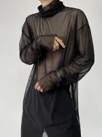Mens Sheer Mesh See Through High Neck Long Sleeve T-Shirt