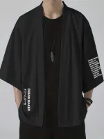 Mens Japanese Letter Print Open Front Loose 3/4 Sleeve Kimono