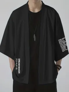 Mens Japanese Letter Print Open Front Loose 3/4 Sleeve Kimono