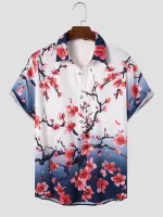 ChArmkpR Mens Shirt Japanese Cherry Blossoms Ombre Print Lapel Short Sleeve Shirts