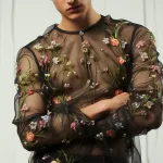 INCERUN Men T-shirts Fashion See-through Mesh Embroidered Flower Decor Long Sleeve Black Tshirts Summer Cool Party Male Tops