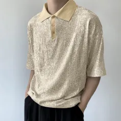 INCERUN Mens Sequin Sparkle Glitter Patchwork T-Shirt Fashion Short Sleeve Lapel Top Tshirt for Men