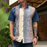 ChArmkpR Mens Shirt Vintage Geometric Print Patchwork Lapel Short Sleeve Shirts Summer Holiday Beach Shirt