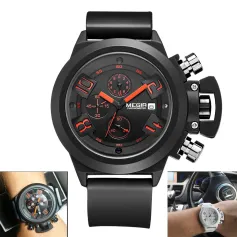 MEGIR Men Multi-functional Watch Sports Chronograph Wristwatch Waterproof Calendar Quartz Watch Comfortable Silicone Strap