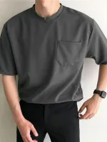 INCERUN Men Solid Color Short Sleeve T-Shirt Round Neck Loose Fit Men's Tee Summer Casual Daily Mens Top