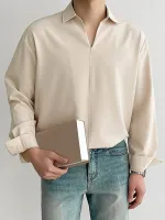 INCERUN Men Shirts Loose Solid Color Long Sleeve Lapel Collar Shirt
