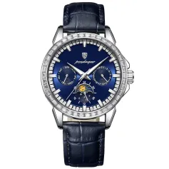 POEDAGAR Business Men Watch Luxury Rhinestone Leather Wristwatch Luminous Waterproof Calendar Quartz Watch