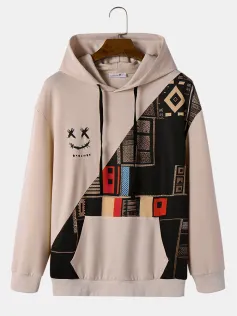ChArmkpR Mens Hooded Sweatshirts Smile Ethnic Geometric Print Patchwork Drawstring Hoodies