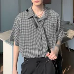INCERUN Men Shirts Fashion Check Print Lace Up Lapel Shirt with Side Pocket Top Casual Daily Men Clothing