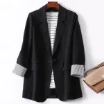 ZANZEA Plus Size Women's Stripe Panel Long Sleeve Button Front Lapel Blazer with No Pockets