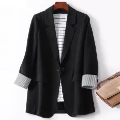 ZANZEA Plus Size Women's Stripe Panel Long Sleeve Button Front Lapel Blazer with No Pockets