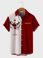 Mens Christmas Santa Claus Print Patchwork Lapel Short Sleeve Shirts
