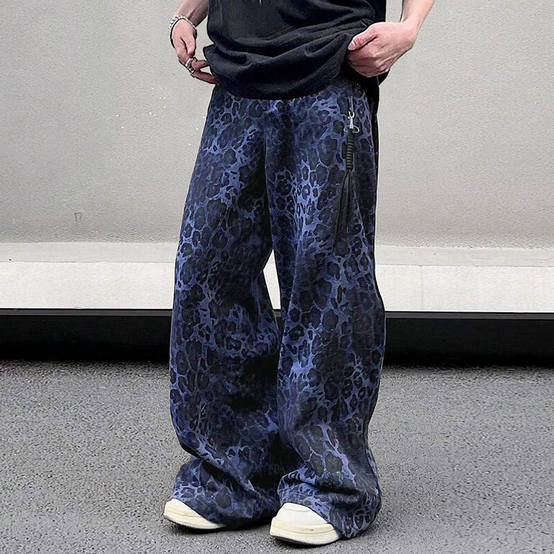 INCERUN Mens Leopard Print Daily Pant Side Zipper Design Fashion Loose Fit Long Trousers for Men Large Size S-5XL
