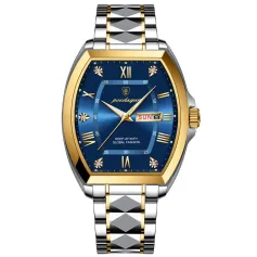 POEDAGAR Luxury Men's Business Casual Quartz Watch Luminous Waterproof Date Week Fashion Tonneau Case Stainless Steel Wristwatch