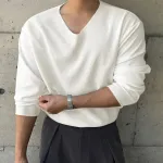 INCERUN Mens Casual Long Sleeve T-shirts Daily Solid Color Loose Fit Comfy V-Neck T-shirt for Spring Fall, S-5XL