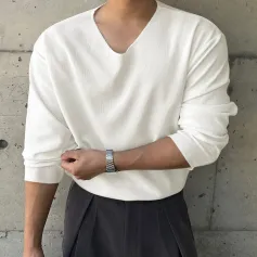 INCERUN Mens Casual Long Sleeve T-shirts Daily Solid Color Loose Fit Comfy V-Neck T-shirt for Spring Fall, S-5XL