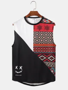 ChArmkpR Mens Tank Top Patchwork Ethnic Geometric Pattern Curved Hem Tanks
