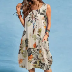 ZANZEA Plus Size Women Plant Print Dress Button Pocket Sleeveless Cotton Linen Casual Holiday Midi Dresses S-5XL