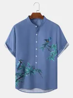 ChArmkpR Mens Bird Plant Print Half Button Cotton Henley Shirts