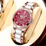 POEDAGAR Women's Luxury Rhinestones Swan Quartz Watch Waterproof Luminous Fashion Date Dial Analog Ceramic Band Wrist Watch