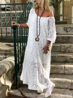 ZANZEA Plus Size Women Lace Long Dress Cold Shoulder Long Lace Croceht Hollow Out Bohemian Maxi Dress For Women