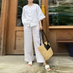ZANZEA Women Vintage Crew Neck Long Sleeve Tops Elastic Waist Wide-Legged Pants Sets