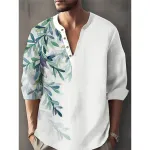 ChArmkpR Mens Plant Leaf Print Texture Long Sleeve Henley Shirts