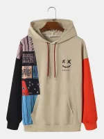 ChArmkpR Mens Ethnic Smile Print Color Block Patchwork Kangaroo Pocket Hoodies
