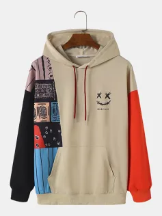ChArmkpR Moletom com capuz masculino étnico com estampa de sorriso e blocos de cores e bolso canguru