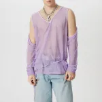 INCERUN Mens T-shirt Fashion Scooped Long Sleeves Tshirt Thin Mesh See Through Lace Up Design Tee Summer Cool Party Top Male