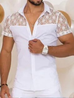 INCERUN Mens Shirt Patchwork Lace Short Sleeve White Shirt Summer Casual Daily Lapel Top Men Clothing