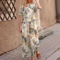 ZANZEA Plus Size Women Casual Floral Print Cotton Pantsuits, Vintage Printed Short Sleeve T-shirt & Wide Leg Pants Outfits, Women's Clothing Two-Piece Set S-5XL