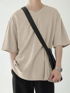 INCERUN Men's Loose Comfort Solid Color V-Neck Short Sleeve T-Shirt