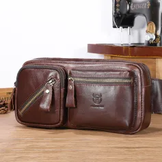 BULLCAPTAIN Men's Genuine Leather Waist Bag Large Capacity Chest Bag Outdoor Sports Zipper Fanny Packs
