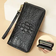 Ekphero Genuine Leather Crocodile Texture Wallet Unisex Long Business Handheld Bag Zipper Card Holder Fashion Cowhide Money Clip Purse