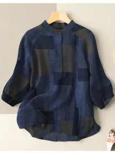 ZANZEA Plus Size Loose Fit Check Print Button Stand Collar 3/4 Sleeve Cotton Linen Women Blouse